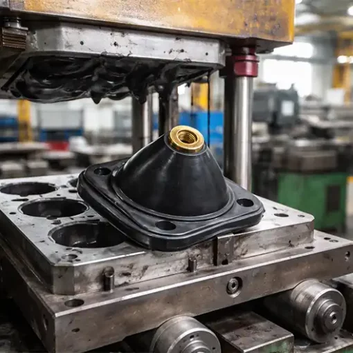 Moulage caoutchouc sur mesure réalisé par moulage par transfert pour pièce technique en élastomère avec insert métallique en atelier industriel