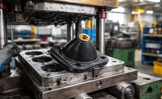 Moulage caoutchouc sur mesure réalisé par moulage par transfert pour pièce technique en élastomère avec insert métallique en atelier industriel